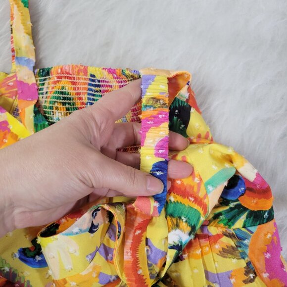 Farm Rio Yellow Textured Tropical Floral Swiss Dot Tiered Maxi Dress Medium - Picture 10 of 14